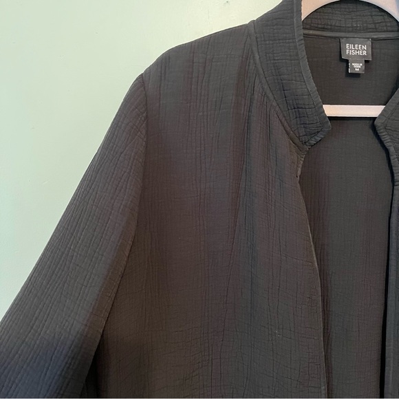 Eileen Fisher Jacket Black Long Open Front Crinkle Texture Silk Blend Sz M EUC - Picture 4 of 10